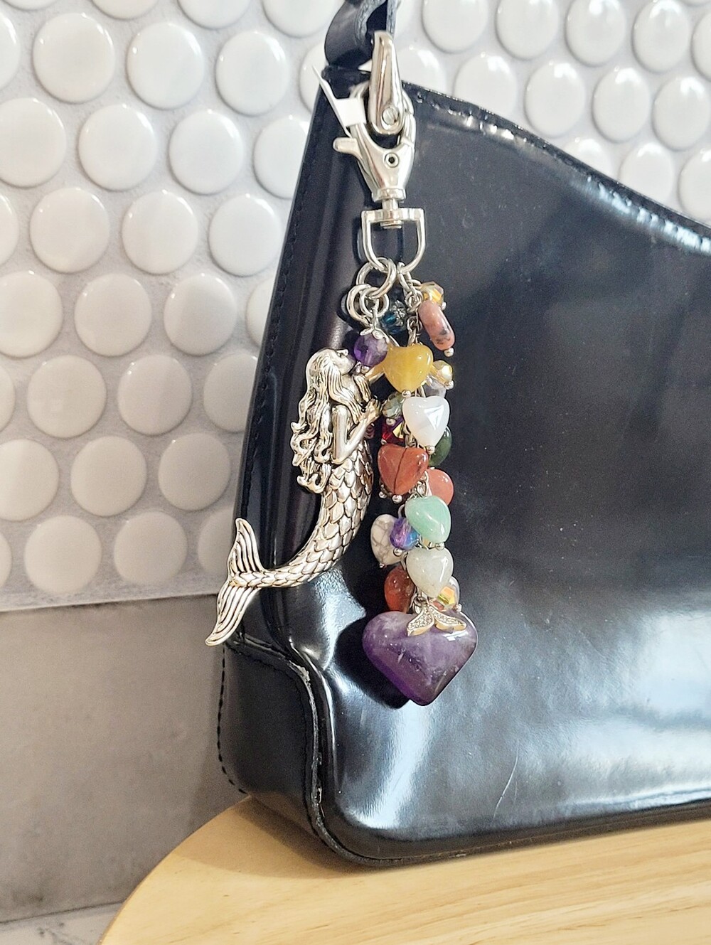 Hand Crafted Silver Mermaid Bag Charm with Multicolor Gemstone Hearts